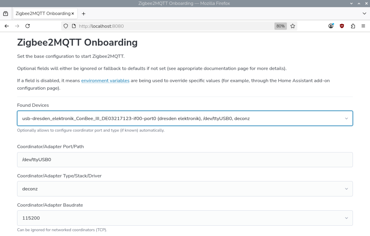 ConBee III Onboarding Auswahl Adapter