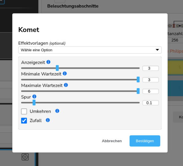 Config-Builder Beispiel: Sterne und Komet - Konfiguration des Effekts